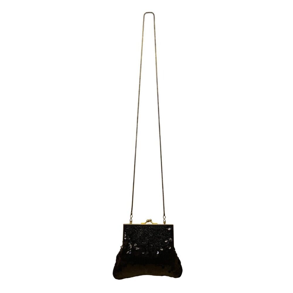 Accessory Lady Black Beaded Sequin Gold Metal Clasp Chain Strap Clutch Bag